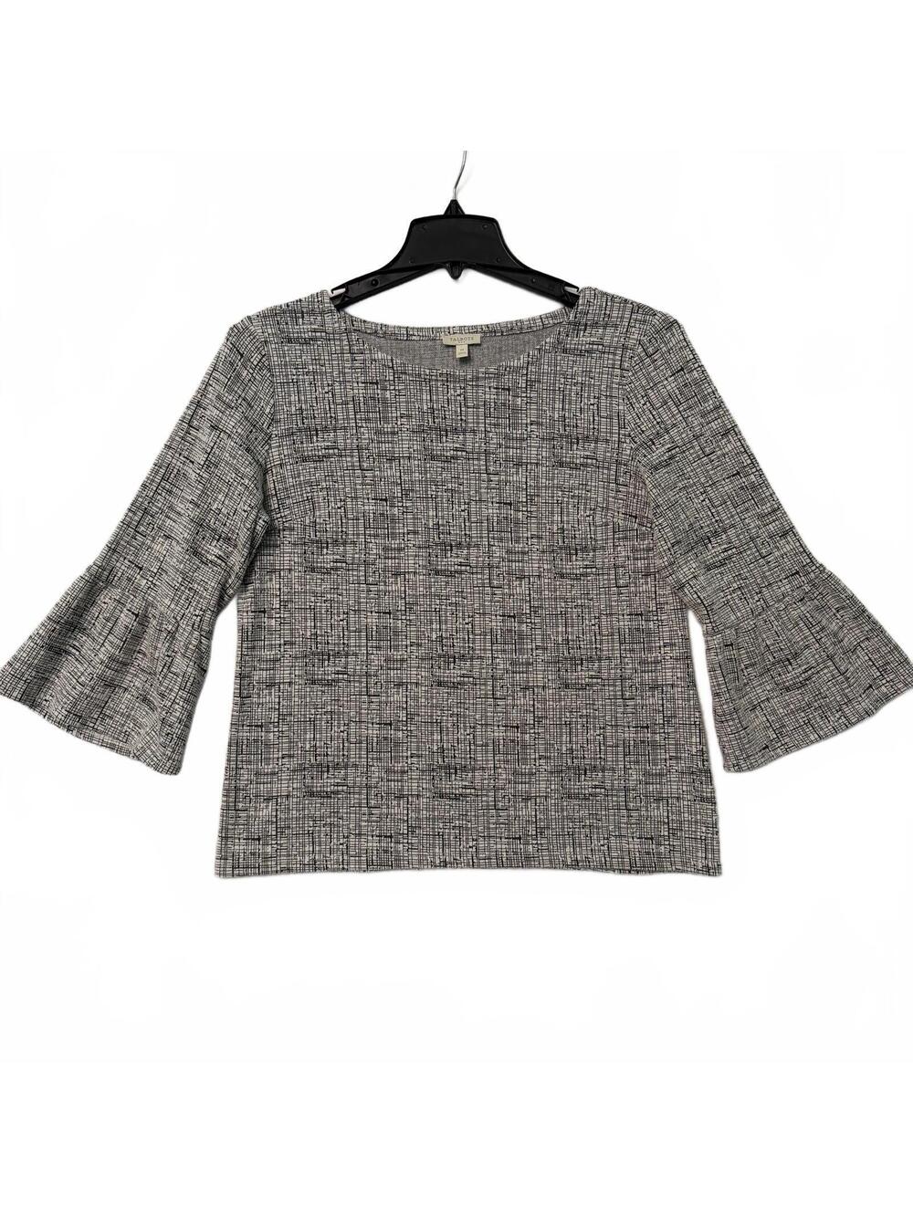 Talbots White & Black Crosshatch Women's Medium Textured Bell Sleeve Popover Top